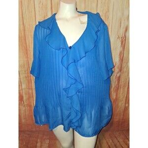 George Sheer Blue Short Sleeve V-neck Button Up Blouse Sz 2X